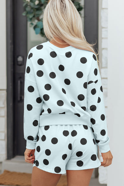 Sky Blue Polka Dot Print Drop Shoulder Pullover Drawstring Shorts Set