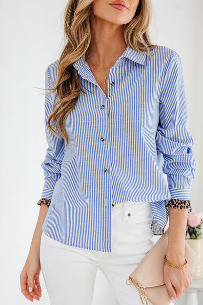 Sky Blue Stripe Contrast Frilled Leopard Trim Casual Long Sleeve Shirt