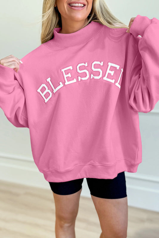 Bright Pink Oversize Blessed Embroidered Mock Neck Sweatshirt