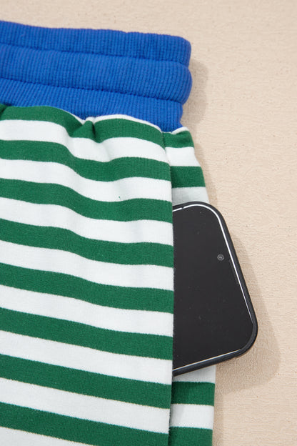 Green Stripe Drop Shoulder Boxy Casual Terry Short Set