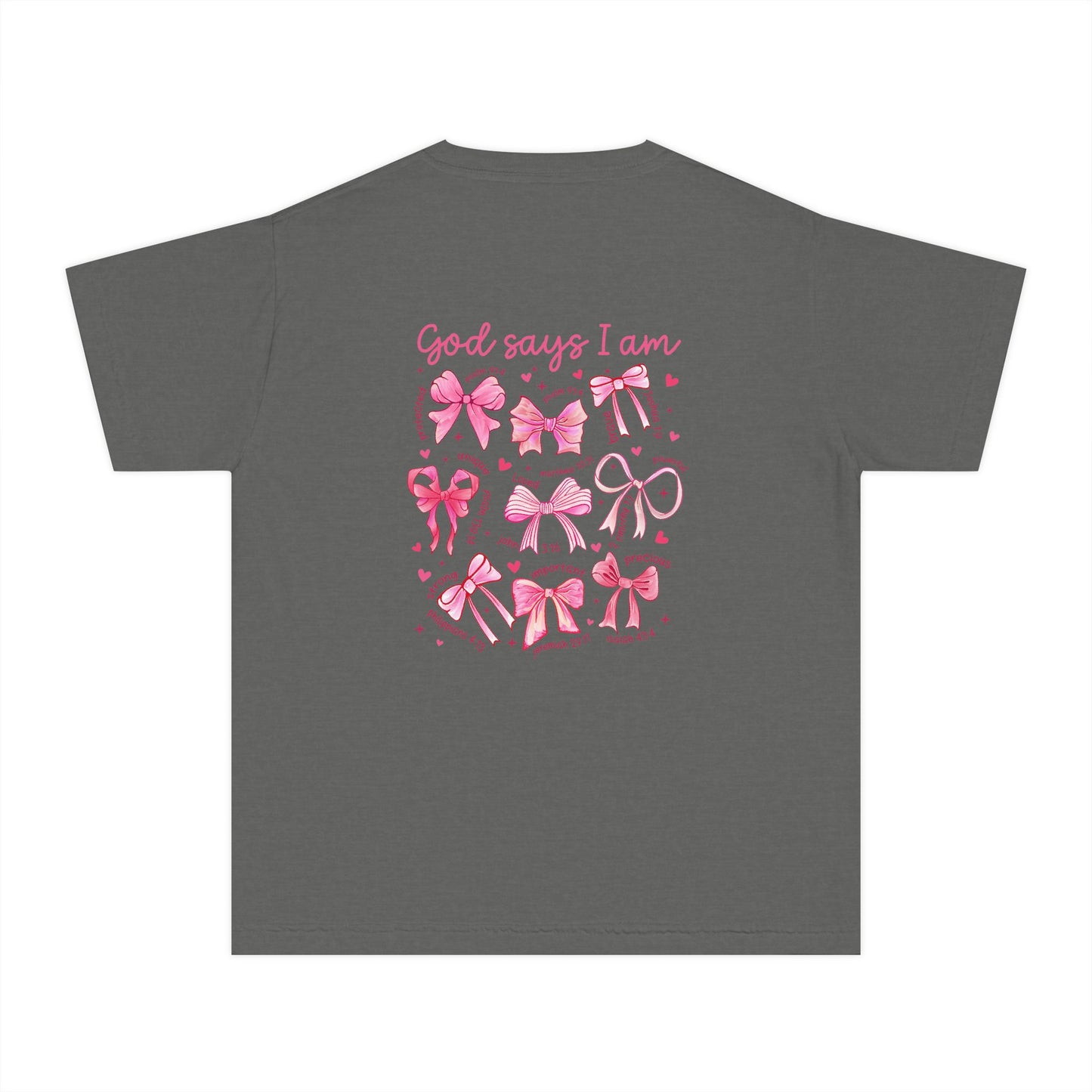 Youth Tee — "God Says I Am" Pink Bows Graphic