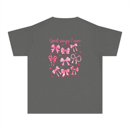 Youth Tee — "God Says I Am" Pink Bows Graphic