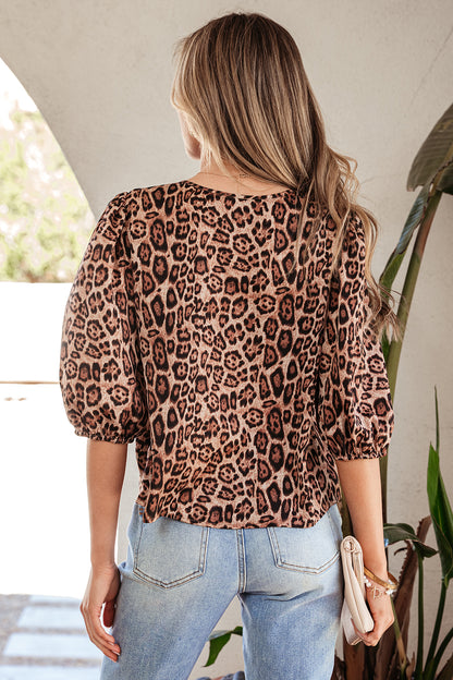 Brown Leopard Bow Tie Puff Sleeve Blouse