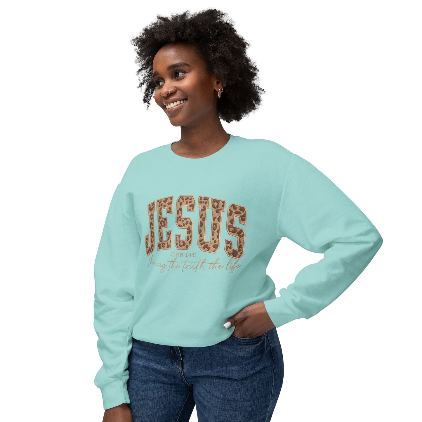 Jesus Leopard Print Crewneck Sweatshirt – Faith-Inspired Graphic Pullover