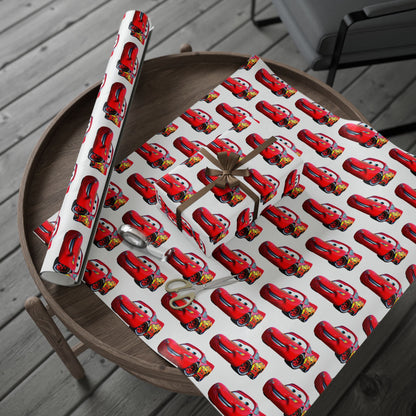 Kids Lightning Car Wrapping Paper – Red Race Car Gift Wrap for Boys’ Birthdays & Parties