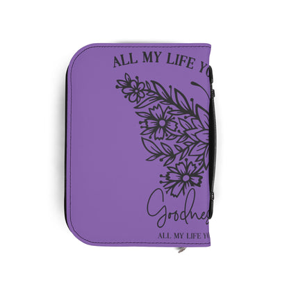 Bible Cover — Purple Butterfly Floral Zippered Bible Case with "All My Life You’ve Been So Good"