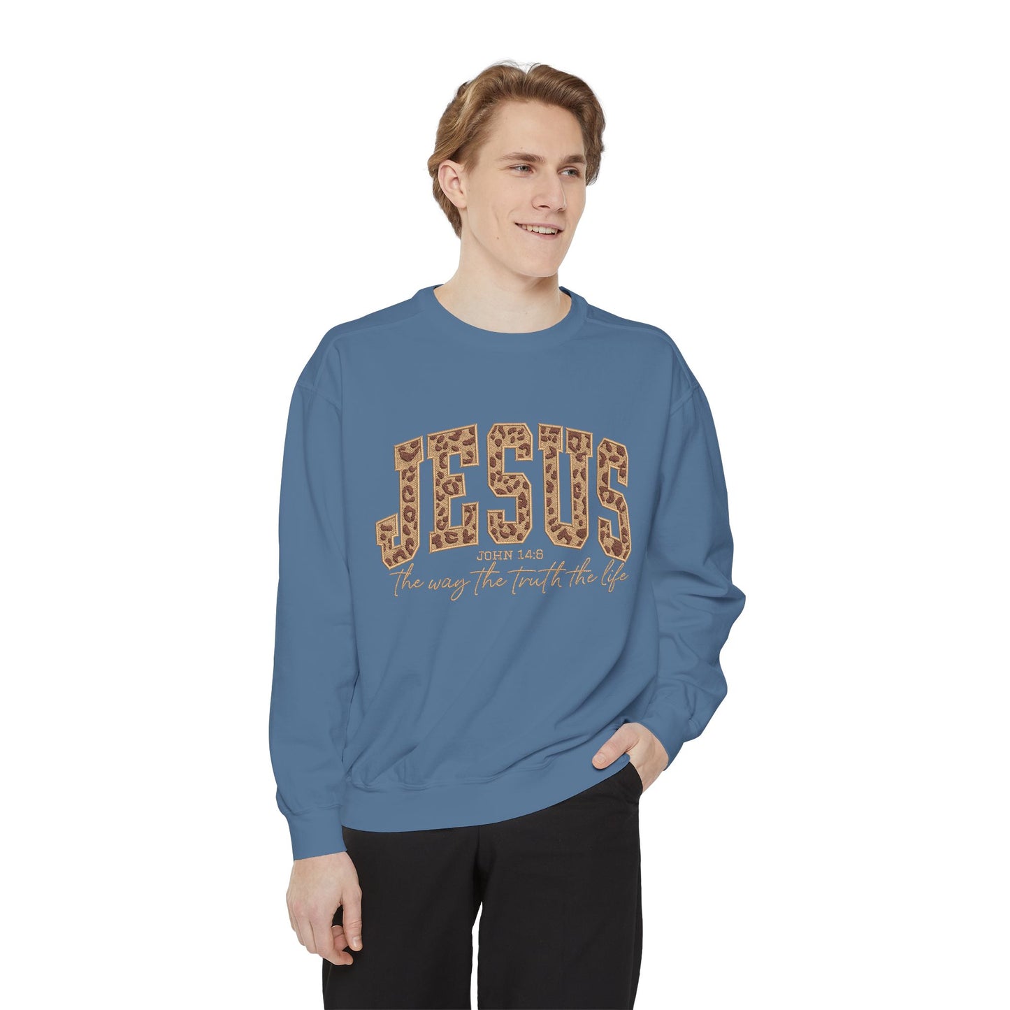 Jesus Leopard Print Sweatshirt — "Jesus: The Way, The Truth, The Life" Christian Crewneck