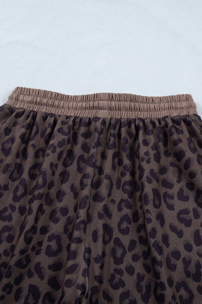 Brown V Neck Collar Leopard Printed 2pcs Short Set