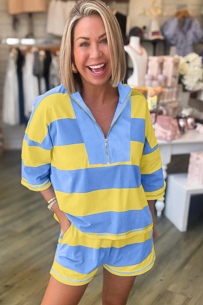 Yellow Stripe Seam Detail Half Zip Tee Casual Shorts 2pcs Set