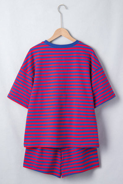 Navy Stripe Striped Ribbed Cotton Two-Piece Short Set with Chest Patch Detail