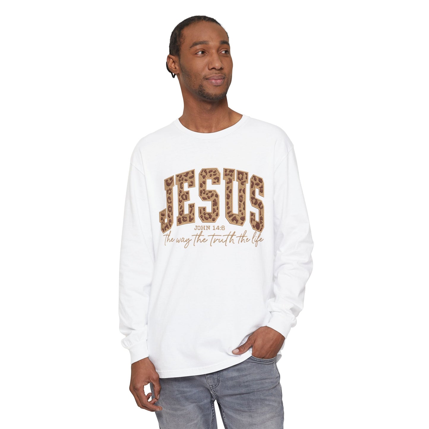 Jesus Leopard Print Long Sleeve Tee — "The Way The Truth The Life" Faith Shirt