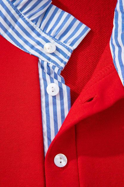 Fiery Red Contrast Striped Collar Patchwork Puff Sleeve Ruffle Hem Mini Dress