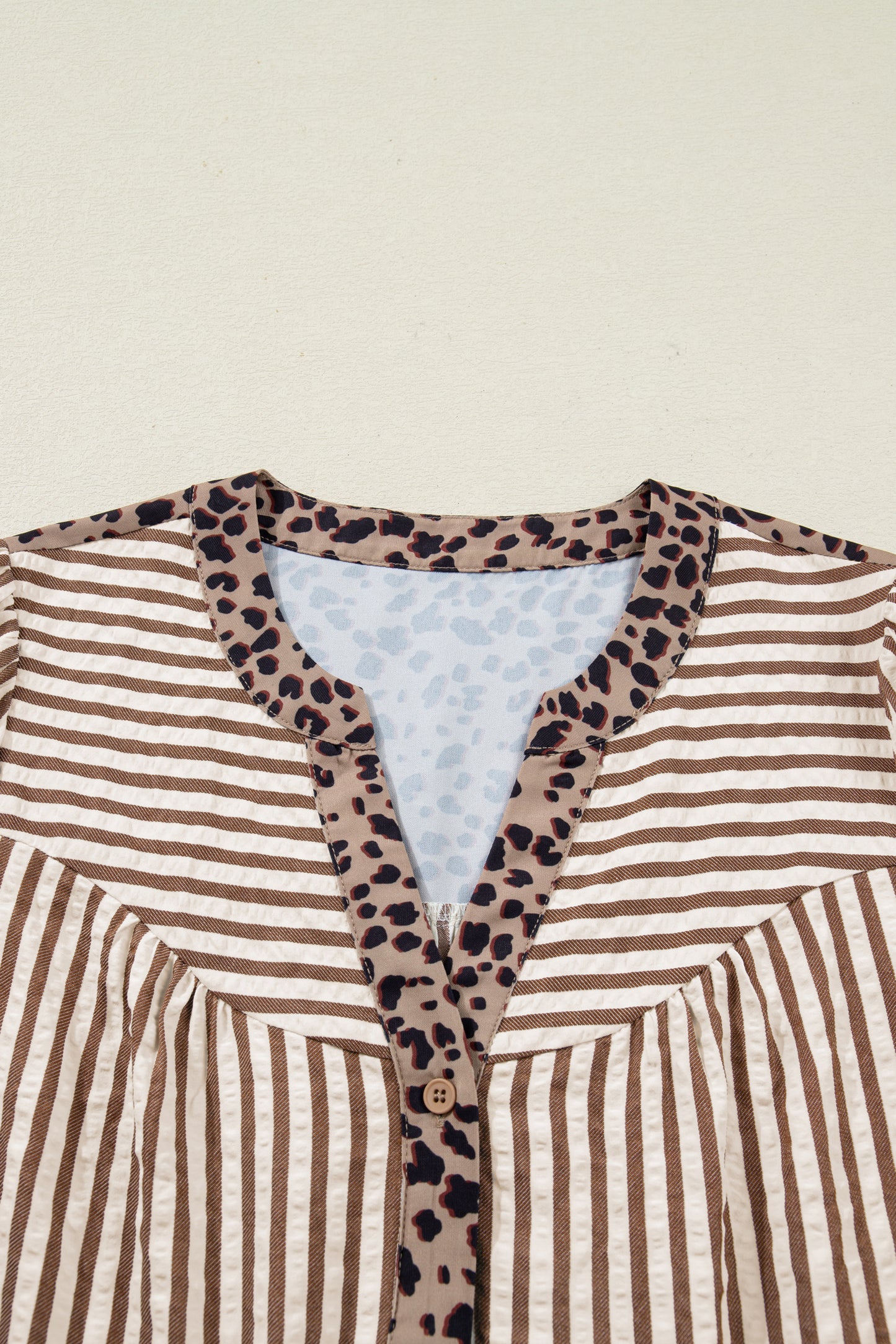 Brown Stripe Leopard Trim V Neck Button Down Half Sleeve Shirt
