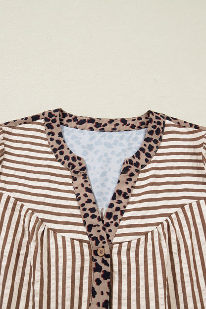 Brown Stripe Leopard Trim V Neck Button Down Half Sleeve Shirt