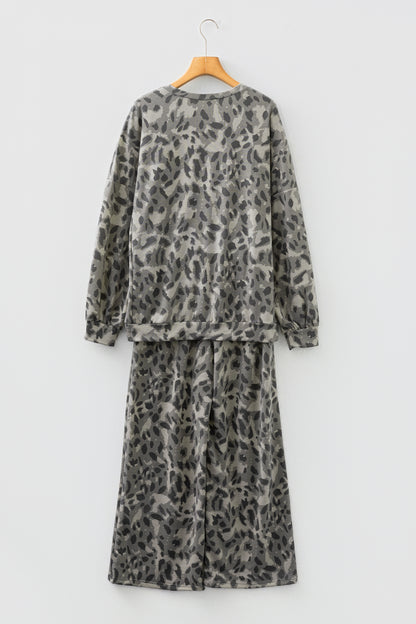Gray Leopard Print Raw Seam Patchwork Pullover Drawstring Loose Pant Set