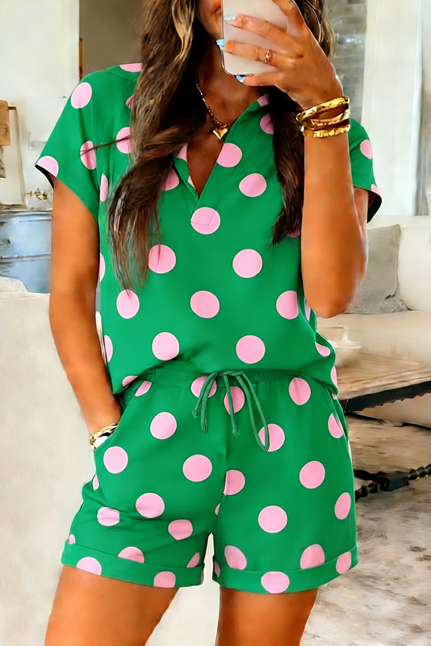 Pink Polka Dot Print V Neck Tee Short Set