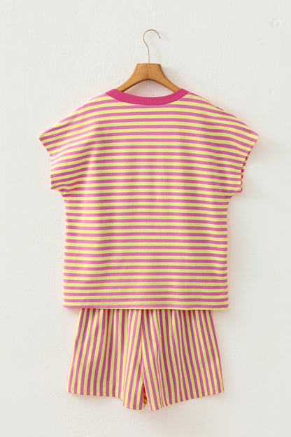 Red Stripe Colorblock Trim V Neck Tee Drawstring Elastic Waist Short Set