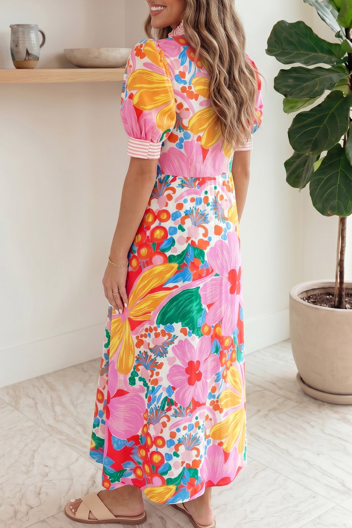 Green Stripe Floral Print Striped Trim Button Down Short Sleeve Vacation Dress