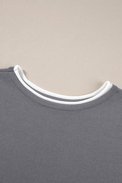 Medium Grey Contrast Trim Half Sleeve Top Drawstring Pants Loose 2pcs Sweater Suit