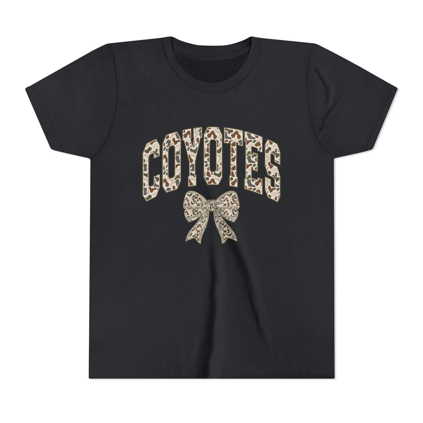 Youth Coyotes CAMO Print Tee with Bow — Girls' School Spirit Shirt