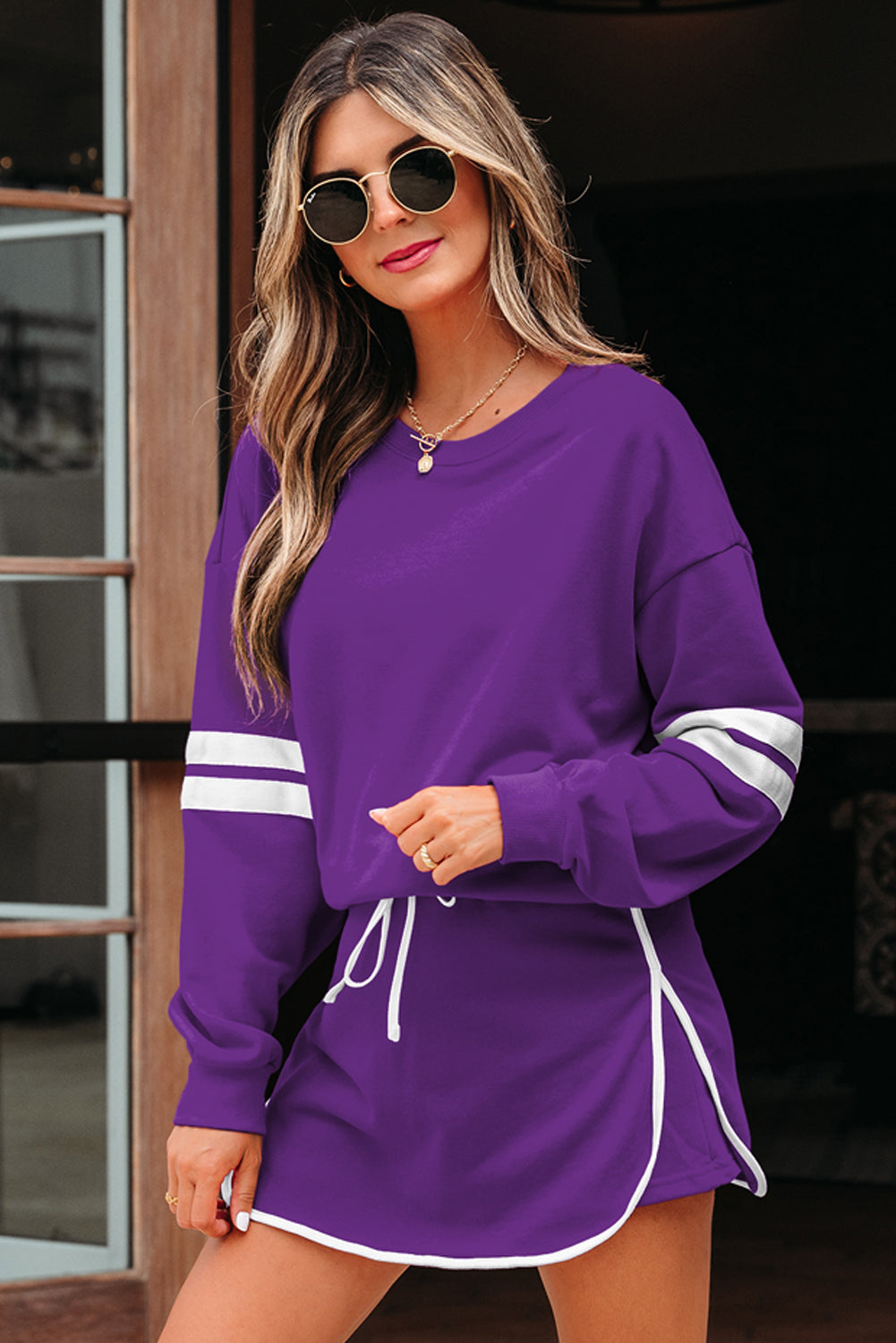 Tillandsia Purple Varsity Stripe Detail Drop Shoulder Pullover Mini Skort Set