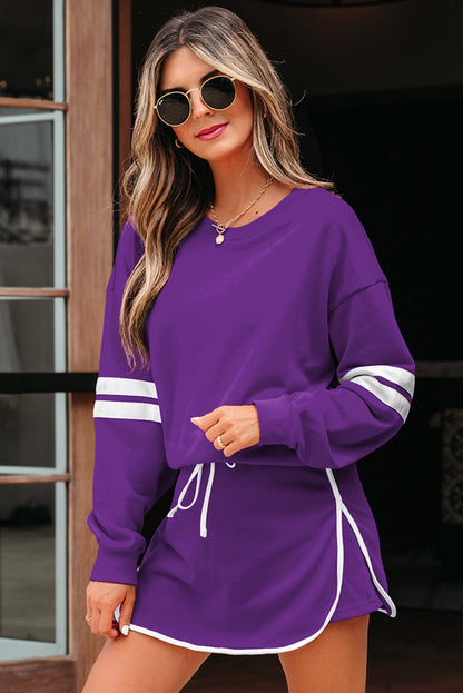 Tillandsia Purple Varsity Stripe Detail Drop Shoulder Pullover Mini Skort Set