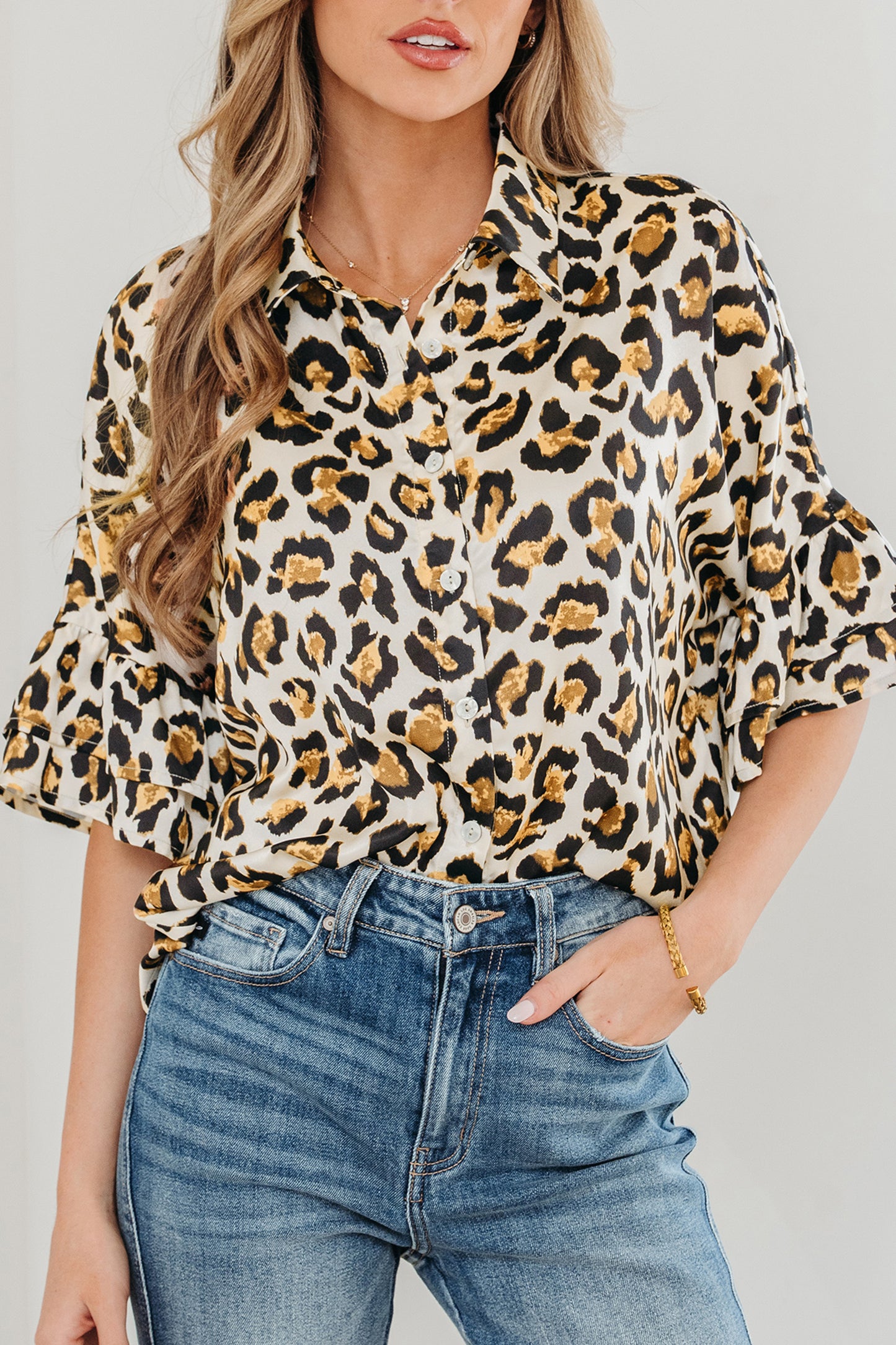 Khaki Leopard Print Ruffle Trim 3/4 Sleeve Loose Shirt