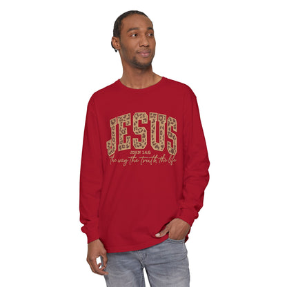 Jesus Leopard Print Long Sleeve Tee — "The Way The Truth The Life" Faith Shirt