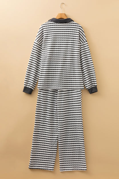 White Stripe Collared Pullover Top and Drawstring Pant Set
