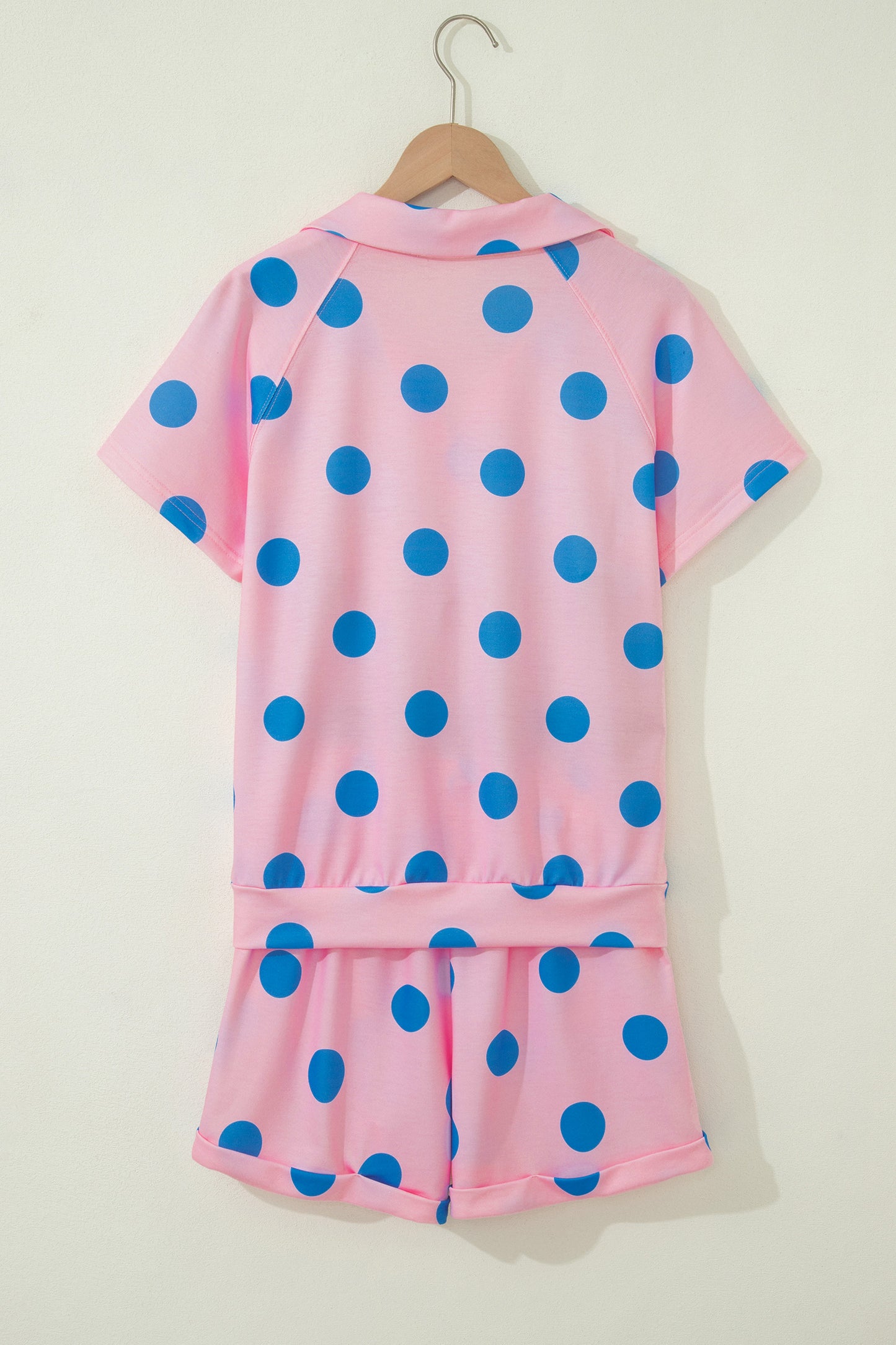Pink Polka Dot Print V Neck Tee Short Set
