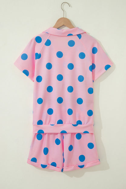 Pink Polka Dot Print V Neck Tee Short Set
