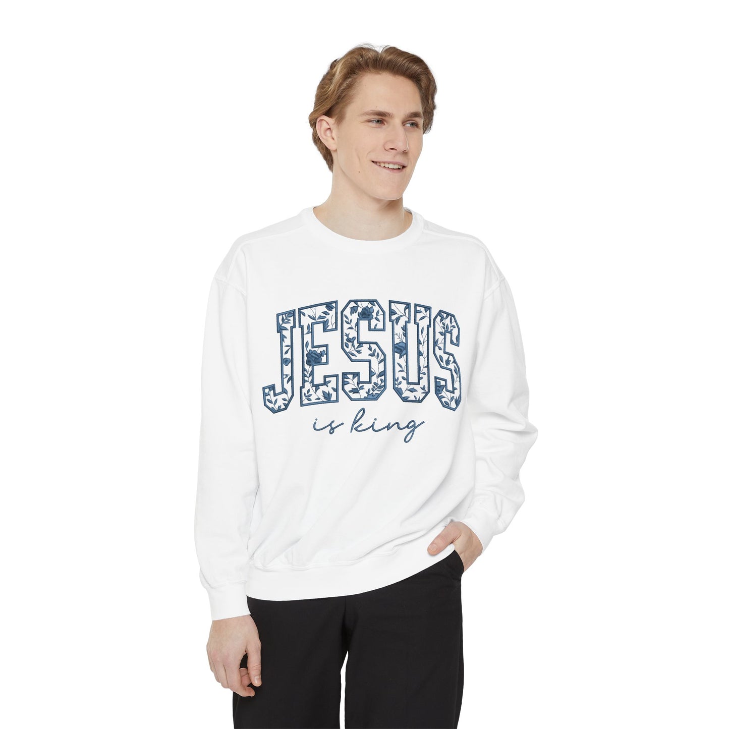 Jesus Is King Floral-Print Sweatshirt — Christian Faith Crewneck