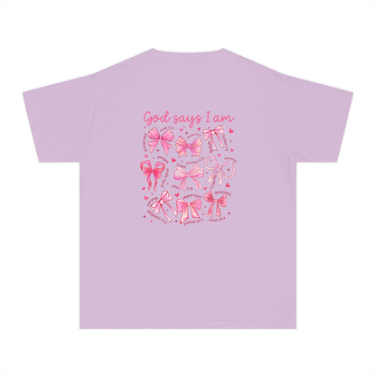 Youth Tee — "God Says I Am" Pink Bows Graphic
