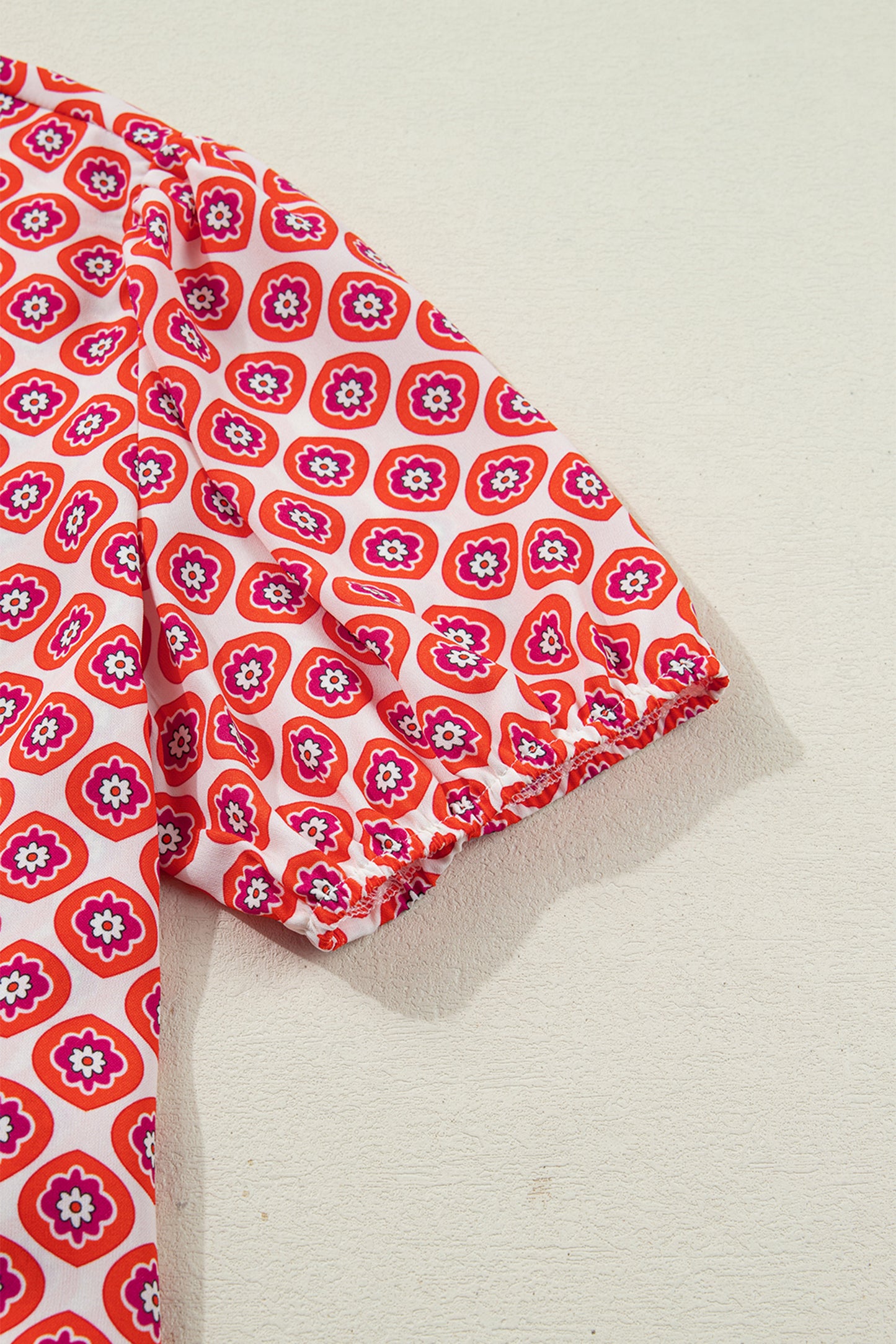 Orange Geometric Floral Print Color Block Trim Button Front Ruffle Hem Dress