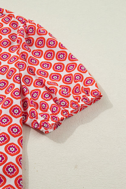 Orange Geometric Floral Print Color Block Trim Button Front Ruffle Hem Dress