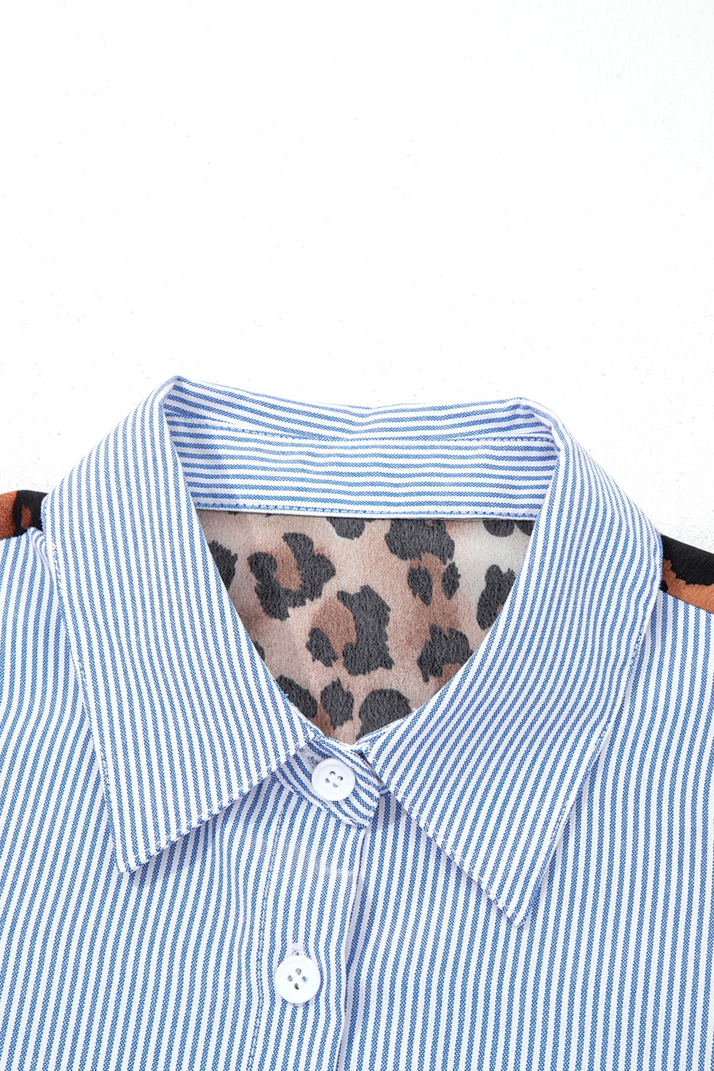 Sky Blue Stripe Contrasted Varsity Stripe Leopard Patchwork Button Down Shirt