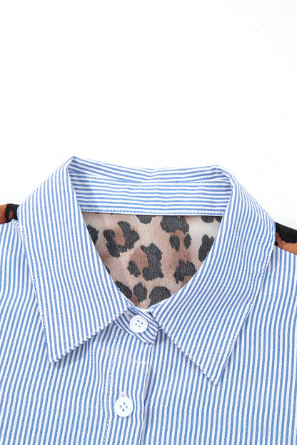 Sky Blue Stripe Contrasted Varsity Stripe Leopard Patchwork Button Down Shirt