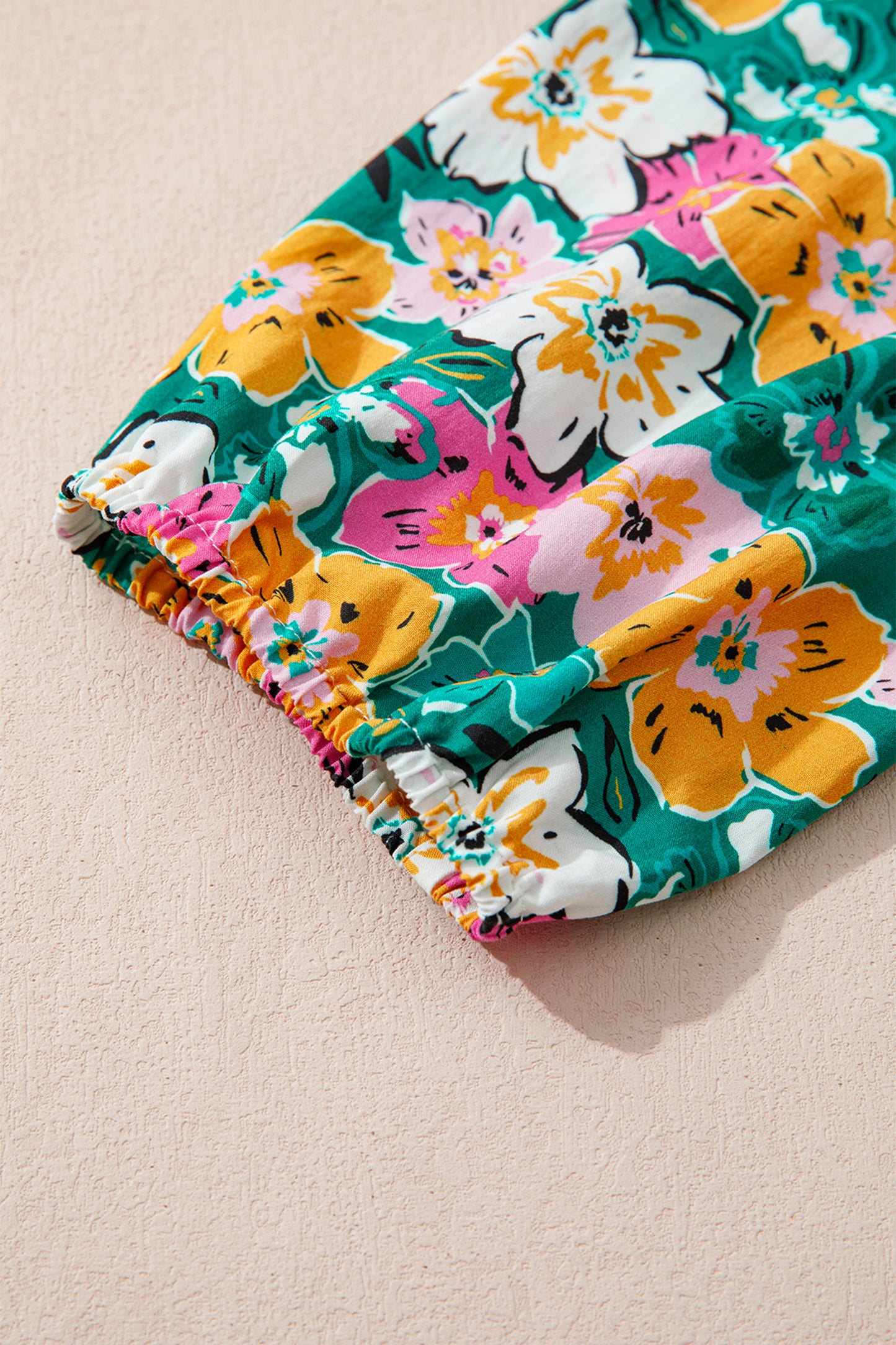 Green Floral Print Contrast Trim Frilled V Neck 3/4 Sleeve Blouse