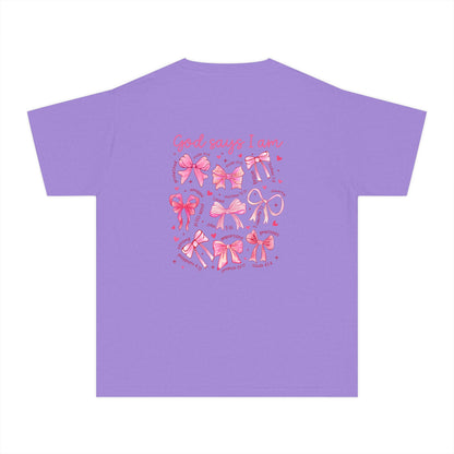Youth Tee — "God Says I Am" Pink Bows Graphic