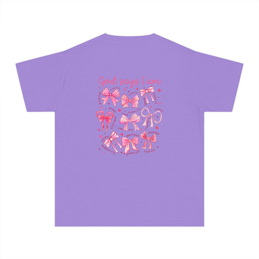 Youth Tee — "God Says I Am" Pink Bows Graphic