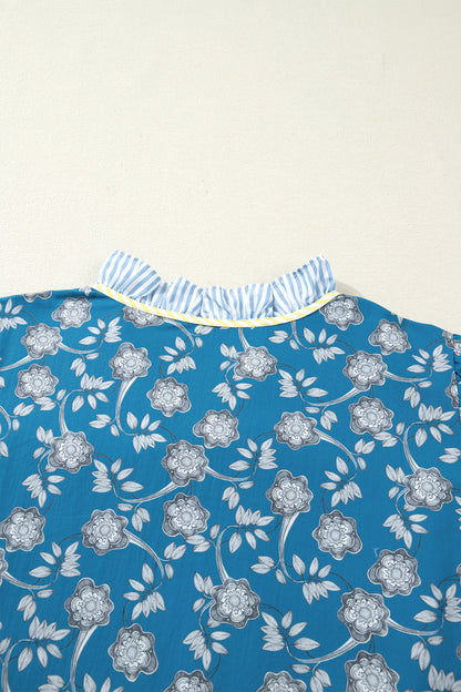 Blue Plus Size Floral Print Striped Patchwork Detail Button Front Ruffle Hem Dress