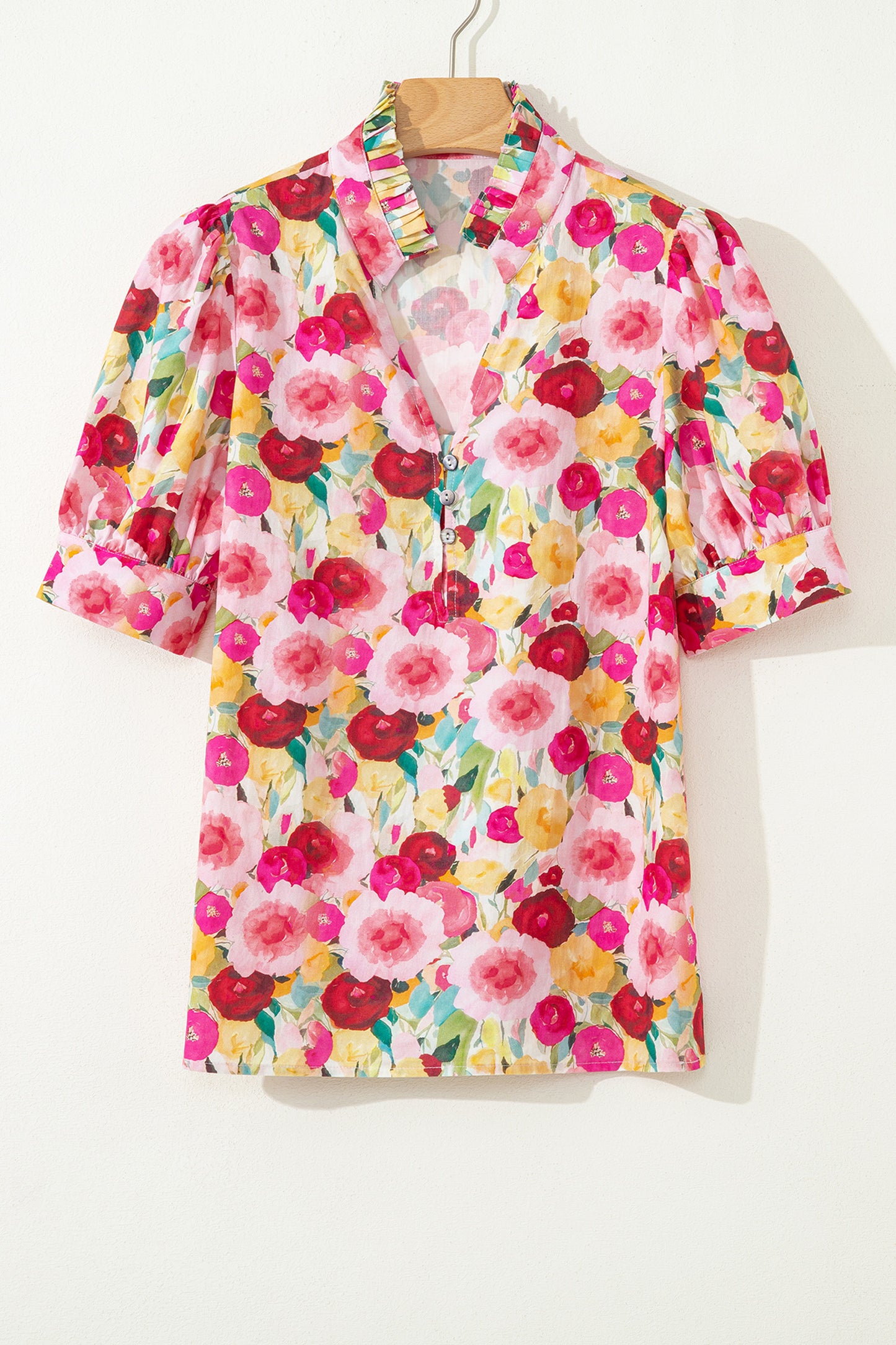 Pink Floral Frilled V Neck Puff Short Sleeve Blouse