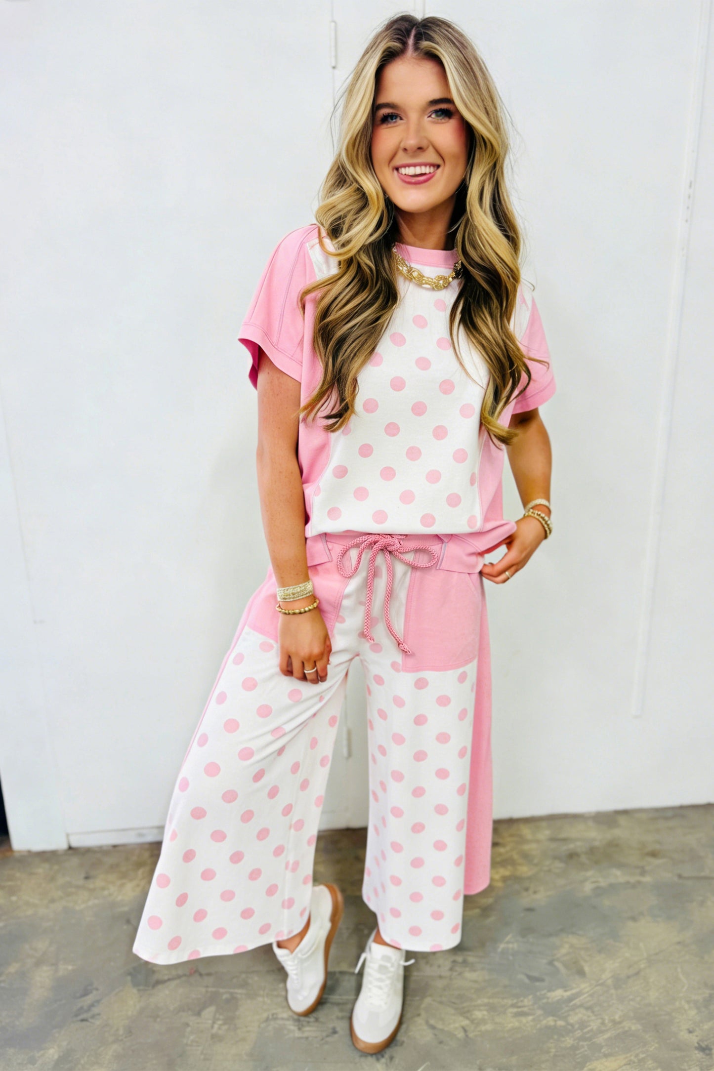 Sky Blue Color Block Patchwork Polka Dot Wide Leg Pant Set