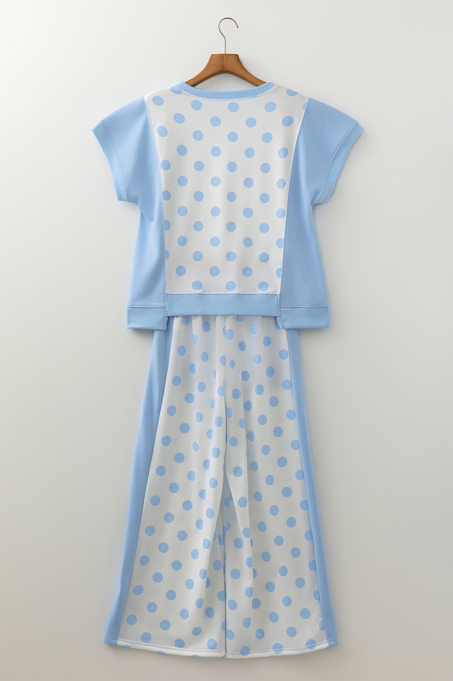 Sky Blue Color Block Patchwork Polka Dot Wide Leg Pant Set