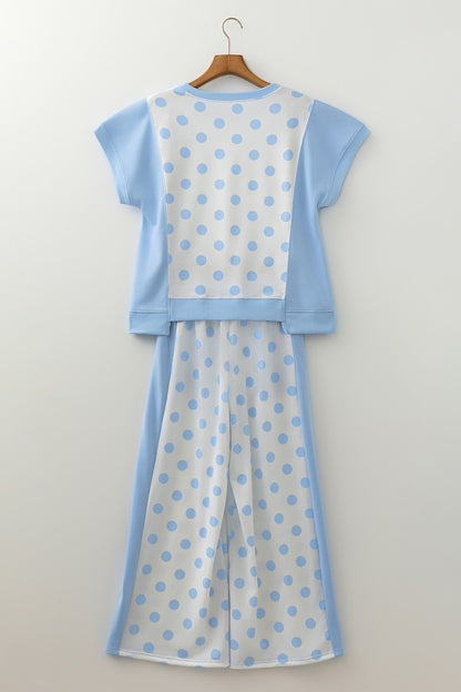 Sky Blue Color Block Patchwork Polka Dot Wide Leg Pant Set
