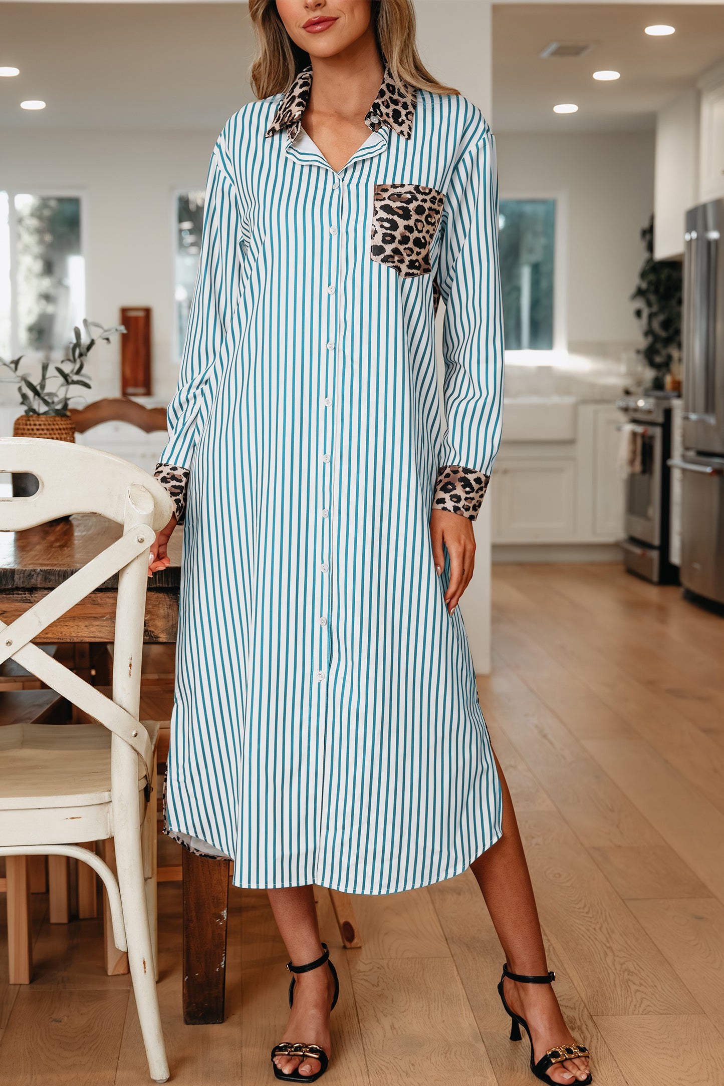 Sky Blue Stripe Contrast Leopard Patchwork Long Shirt Dress with Slits