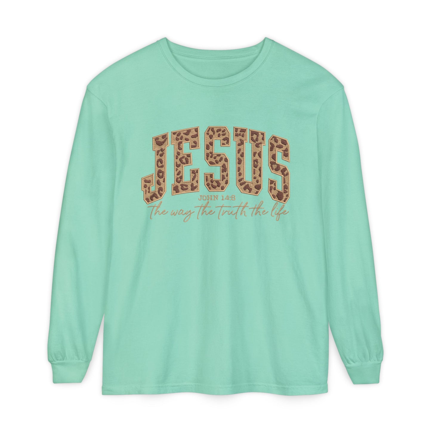 Jesus Leopard Print Long Sleeve Tee — "The Way The Truth The Life" Faith Shirt