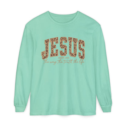 Jesus Leopard Print Long Sleeve Tee — "The Way The Truth The Life" Faith Shirt