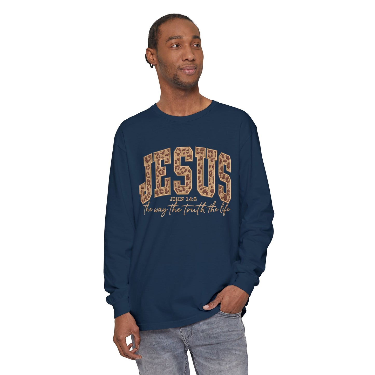 Jesus Leopard Print Long Sleeve Tee — "The Way The Truth The Life" Faith Shirt