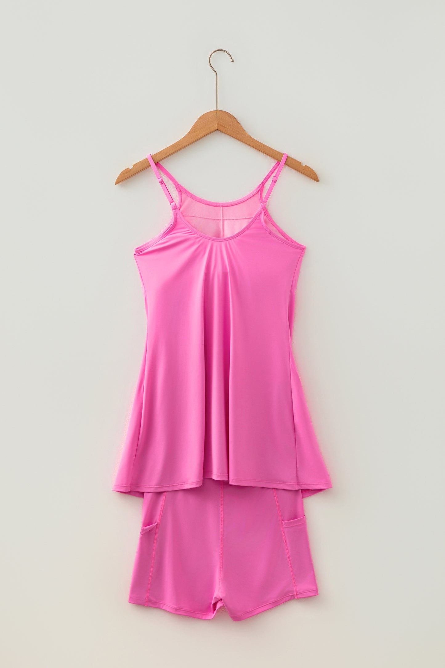 Bright Pink Solid Color Tunic Tank Dress Athletic Shorts Two Piece Set
